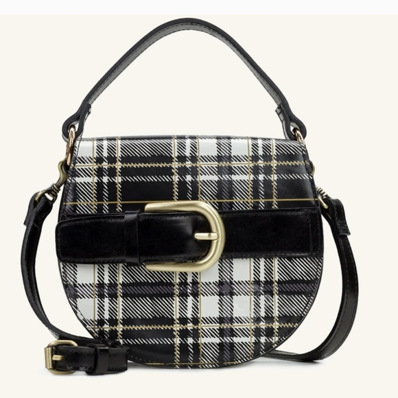 Patricia Nash Annfield Saddle Bag Leather Crossbody Handle Black White Plaid NWT - Picture 2 of 13